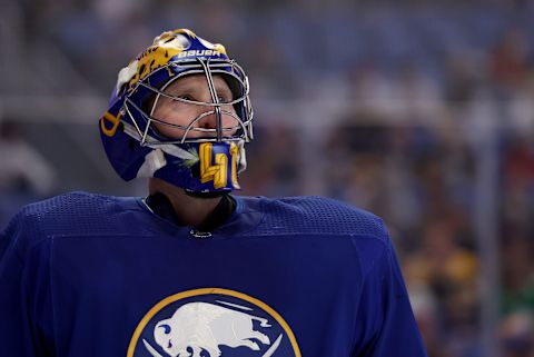 Mar 10, 2022; Buffalo, New York, USA; Buffalo Sabres goaltender Craig Anderson (41) looks to the scoreboard during the first period against the Vegas Golden Knights at KeyBank Center. Mandatory Credit: Timothy T. Ludwig-USA TODAY Sports