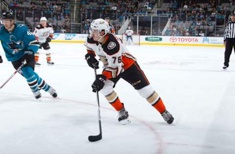 SAN JOSE, CA – SEPTEMBER 19: Josh Mahura #76 of the Anaheim Ducks skates against the San Jose Sharks at SAP Center on September 19, 2017.. (Photo by Rocky W. Widner/NHL/Getty Images)