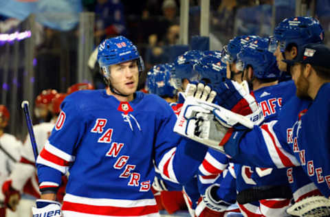 NEW YORK, NEW YORK – NOVEMBER 02: Will Cuylle #50 of the New York Rangers celebrates his game wining goal against the Carolina Hurricanes at Madison Square Garden on November 02, 2023 in New York City. The Rangers defeated the Hurricanes 2-1. (Photo by Bruce Bennett/Getty Images)