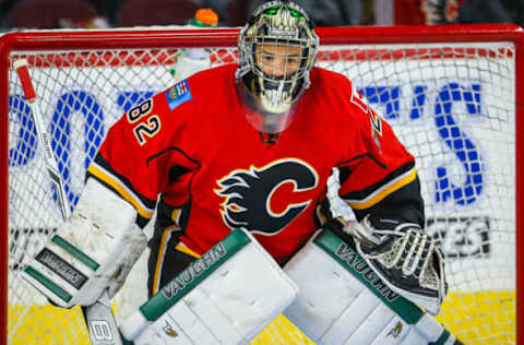 Sep 30, 2016; Calgary, Alberta, CAN; Calgary Flames goalie Tyler Parsons (82) guards his net against Vancouver Canucks during a preseason hockey game at Scotiabank Saddledome. Calgary Flames won 2-1. Mandatory Credit: Sergei Belski-USA TODAY Sports