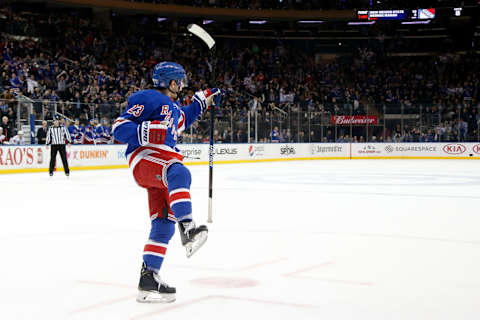 NEW YORK, NY – NOVEMBER 27: Adam Fox #23 of the New York Rangers reacts after scoring a goal in the first period against the Carolina Hurricanes at Madison Square Garden on November 27, 2019 in New York City. (Photo by Jared Silber/NHLI via Getty Images)