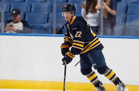 BUFFALO, NY – SEPTEMBER 19: Johan Larsson #22 of the Buffalo Sabres warms up to play the Carolina Hurricanes at First Niagara Center on September 19, 2013, in Buffalo, New York. (Photo by Jen Fuller/Getty Images)