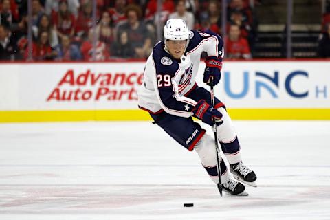 RALEIGH, NORTH CAROLINA – OCTOBER 12: Patrik Laine #29 of the Columbus Blue Jackets skates with the puck during the first period of the game against the Carolina Hurricanes at PNC Arena on October 12, 2022 in Raleigh, North Carolina. (Photo by Jared C. Tilton/Getty Images)