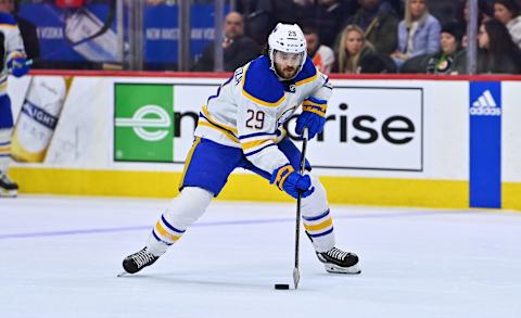 Mar 17, 2023; Philadelphia, Pennsylvania, USA; Buffalo Sabres center Vinnie Hinostroza (29) controls the puck against the Philadelphia Flyers in the second period at Wells Fargo Center. Mandatory Credit: Kyle Ross-USA TODAY Sports