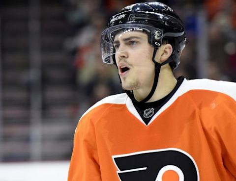 Feb 11, 2016; Philadelphia, PA, USA; Philadelphia Flyers center Jordan Weal (19) against the Buffalo Sabres during the second period at Wells Fargo Center. The Flyers defeated the Sabres, 4-1. Mandatory Credit: Eric Hartline-USA TODAY Sports