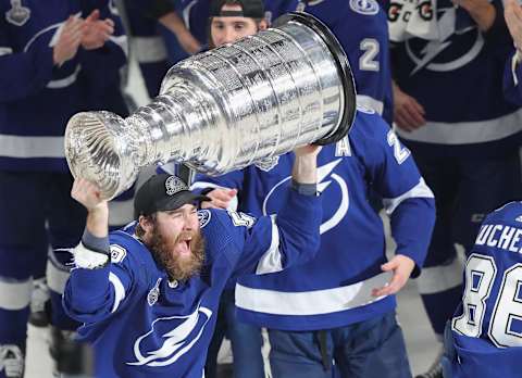 David Savard #58 of the Tampa Bay Lightning. (Photo by Mike Carlson/Getty Images)