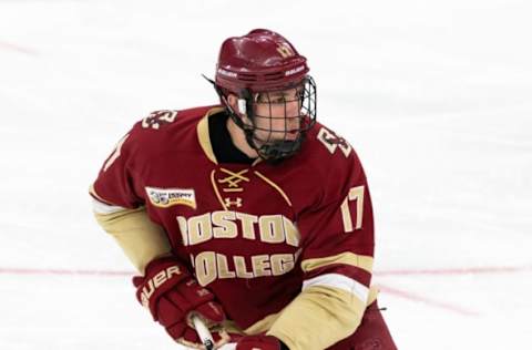 BOSTON, MA – MARCH 23: David Cotton #17 of the Boston College Eagles skates against the Northeastern Huskies during NCAA hockey against the Boston College Eagles in the Hockey East Championship final at TD Garden on March 23, 2019 in Boston, Massachusetts. Cotton is a Carolina Hurricanes Prospect. The Huskies won 3-2. (Photo by Richard T Gagnon/Getty Images)