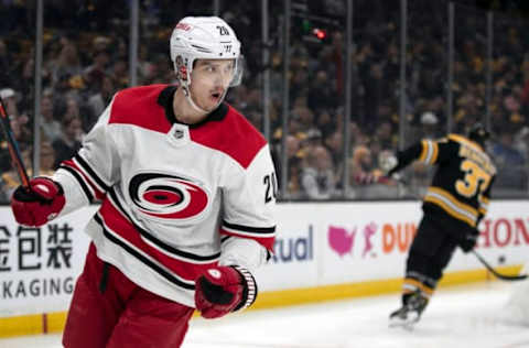 The Carolina Hurricanes’ Sebastian Aho (20) celebrates after scoring against the Boston Bruins during the first period in Game 1 of the Eastern Conference finals on Thursday, May 9, 2019, at TD Garden in Boston, Mass. The Bruins won, 5-2. (Robert Willett/Raleigh News & Observer/TNS via Getty Images)