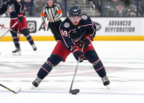 COLUMBUS, OHIO – SEPTEMBER 24: Jordan Dumais #69 of the Columbus Blue Jackets skates with the puck during the second period against the Pittsburgh Penguins at Nationwide Arena on September 24, 2023 in Columbus, Ohio. (Photo by Jason Mowry/Getty Images)