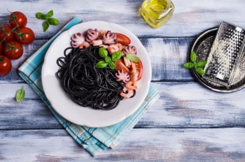 Squid ink spaghetti with seafood