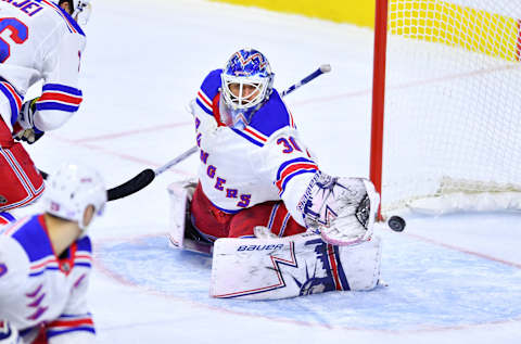 PHILADELPHIA, PA – NOVEMBER 23: New York Rangers Goalie Henrik Lundqvist (30) dives across the crease to deflect a shot with his glove in the third period during the game between the Philadelphia Flyers and New York Rangers on November 23, 2018 at Wells Fargo Center in Philadelphia, PA. (Photo by Kyle Ross/Icon Sportswire via Getty Images)