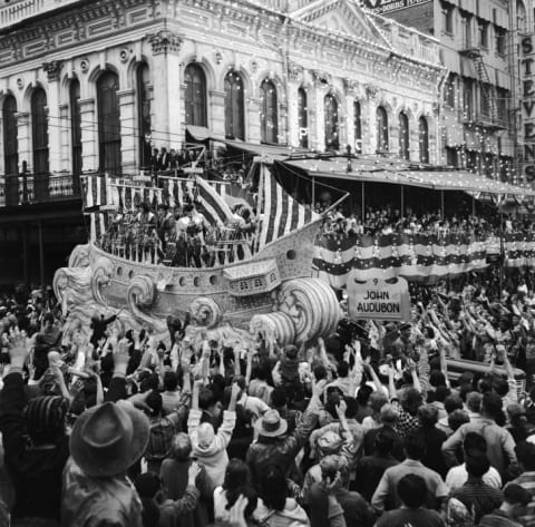 A Mardi Gras float celebrating the life of John James Audubon (1785 - 1851), an American naturalist, ornithologist and artist, in New Orleans, circa 1956.