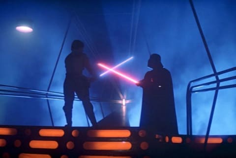 A Star Wars lightsaber battle