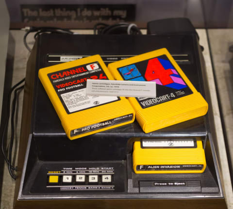 A picture of the Fairchild Channel F, complete with the system's innovative cartridges.