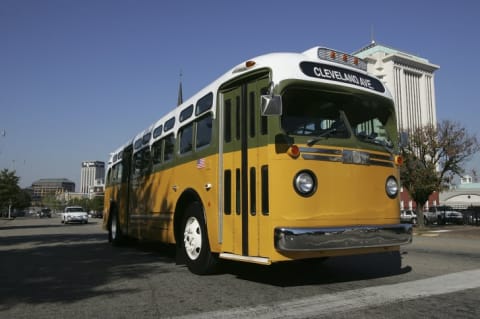 A replica of the type of bus Rosa Parks rode on and that Jo Ann Robinson organized a boycott against.