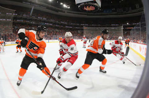 PHILADELPHIA, PENNSYLVANIA – APRIL 06: Teuvo Teravainen #86 of the Carolina Hurricanes skates against the Philadelphia Flyers at the Wells Fargo Center on April 06, 2019 in Philadelphia, Pennsylvania. The Hurricanes defeated the Flyers 4-3. (Photo by Bruce Bennett/Getty Images)