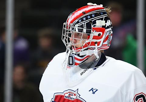 ST. PAUL, MN – SEPTEMBER 19: Team Langenbrunner goalie Spencer Knight (30) looks on during the USA Hockey All-American Prospects Game between Team Leopold and Team Langenbrunner on September 19, 2018, at Xcel Energy Center in St. Paul, MN. Team Leopold defeated Team Langenbrunner 6-4. (Photo by Nick Wosika/Icon Sportswire via Getty Images)