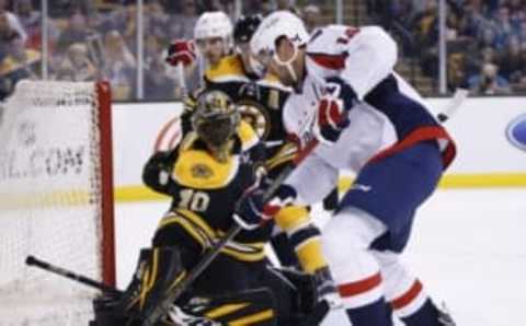 Sep 22, 2015; Boston, MA, USA; Boston Bruins goalie Malcolm Subban (70) makes a save against Washington Capitals right wing Justin Williams (14) during the second period at TD Garden. Mandatory Credit: Greg M. Cooper-USA TODAY Sports