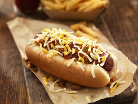 Chili dog with cheese.