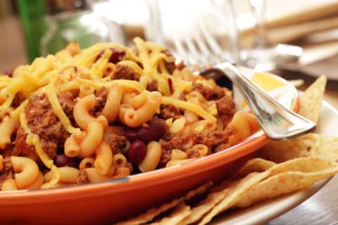 Chili with mac and cheese