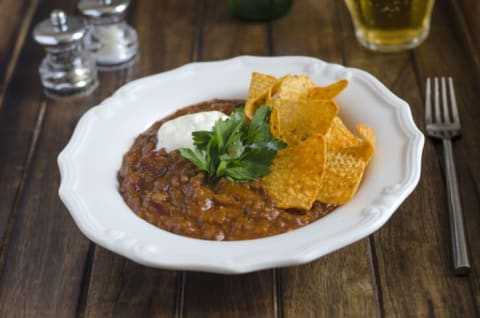 Chili in white bowl