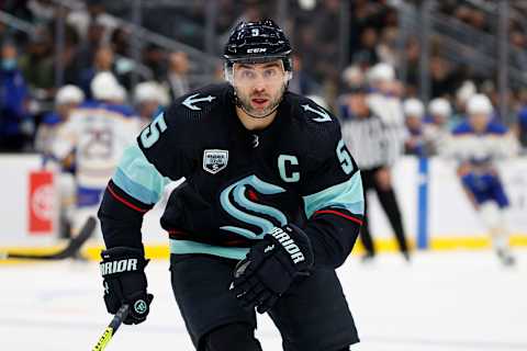 SEATTLE, WASHINGTON – NOVEMBER 04: Mark Giordano #5 of the Seattle Kraken skates against the Buffalo Sabres on November 04, 2021 at Climate Pledge Arena in Seattle, Washington. (Photo by Steph Chambers/Getty Images)