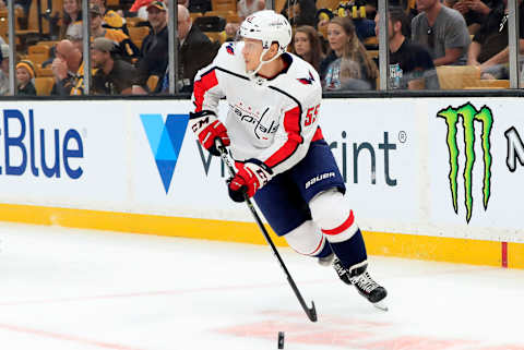 BOSTON, MA – SEPTEMBER 16: Washington Capitals defenseman Aaron Ness (55) looks to clear the zone during a preseason game on September 16, 2018, between the Boston Bruins and the Washington Capitals at TD Garden in Boston, Massachusetts. The Bruins defeated the Capitals 2-1 (SO). (Photo by Fred Kfoury III/Icon Sportswire via Getty Images)