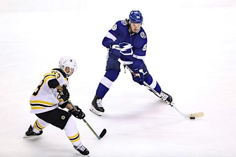 Mikhail Sergachev #98 of the Tampa Bay Lightning. (Photo by Elsa/Getty Images)