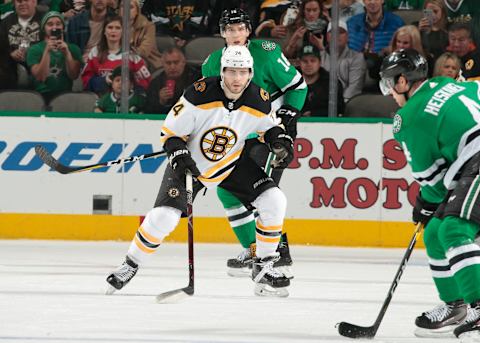 DALLAS, TX – NOVEMBER 16: Jake DeBrusk #74 of the Boston Bruins defends against the Dallas Stars at the American Airlines Center on November 16, 2018 in Dallas, Texas. (Photo by Glenn James/NHLI via Getty Images)