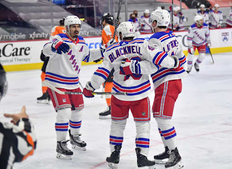 New York Rangers center Colin Blackwell (43) celebrates his goal with left wing Chris Kreider (20) and left wing Alexis Lafreniere (13) Credit: Eric Hartline-USA TODAY Sports