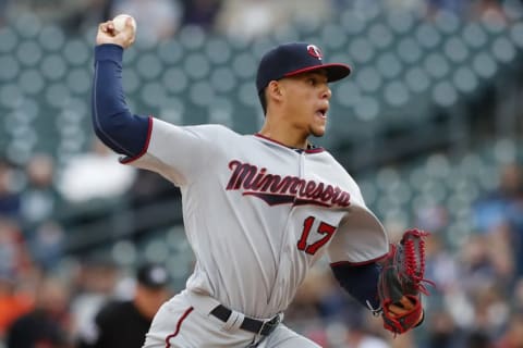 May 16, 2016; Detroit, MI, USA; Minnesota Twins starting pitcher Jose Berrios (17) pitches in the first inning against the Detroit Tigers at Comerica Park. Mandatory Credit: Rick Osentoski-USA TODAY Sports