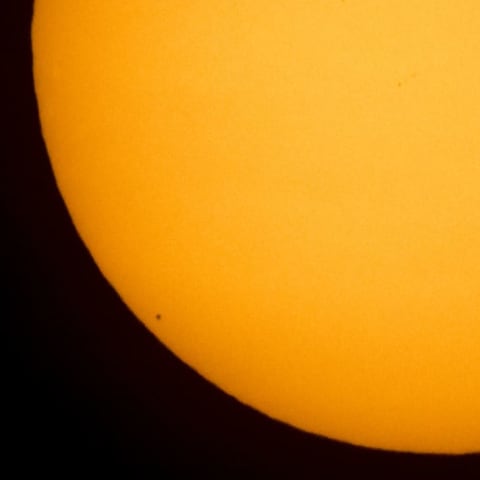 In this handout provided by NASA, the planet Mercury is seen in silhouette, lower left of image, as it transits across the face of the sun on May 9, 2016 as viewed from Boyertown, Pennsylvania. Mercury passes between Earth and the sun only about 13 times a century, with the previous transit taking place in 2006.