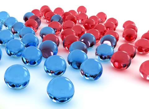 Blue and red marbles.