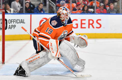 EDMONTON, AB – NOVEMBER 1: Mikko Koskinen #19 of the Edmonton Oilers prepares to make a save during the game against the Chicago Blackhawks on November 1, 2018 at Rogers Place in Edmonton, Alberta, Canada. (Photo by Andy Devlin/NHLI via Getty Images)