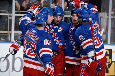 NEW YORK – MARCH 25: Brandon Dubinsky #17, Daniel Girardi #5, Fedor Tyutin #51, and Martin Straka #82 of the New York Rangers celebrate teammate Jaromir Jagr’s #68 goal against the Philadelphia Flyers at Madison Square Garden March 25, 2008 in New York City. (Photo by Scott Levy/NHLI via Getty Images)