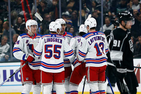 LOS ANGELES, CALIFORNIA – NOVEMBER 22: The New York Rangers celebrate a goal against the Los Angeles Kings in the second period at Crypto.com Arena on November 22, 2022, in Los Angeles, California. (Photo by Ronald Martinez/Getty Images)