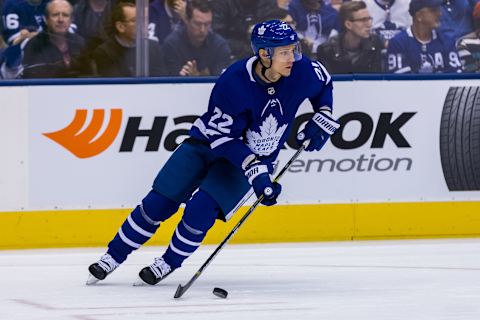 TORONTO, ON – DECEMBER 29: Nikita Zaitsev #22 of the Toronto Maple Leafs skates with the puck against the New York Islanders during the first period at the Scotiabank Arena on December 29, 2018 in Toronto, Ontario, Canada. (Photo by Kevin Sousa/NHLI via Getty Images)