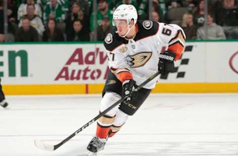 DALLAS, TX – OCTOBER 25: Rickard Rakell #67 of the Anaheim Ducks handles the puck against the Dallas Stars at the American Airlines Center on October 25, 2018, in Dallas, Texas. (Photo by Glenn James/NHLI via Getty Images)