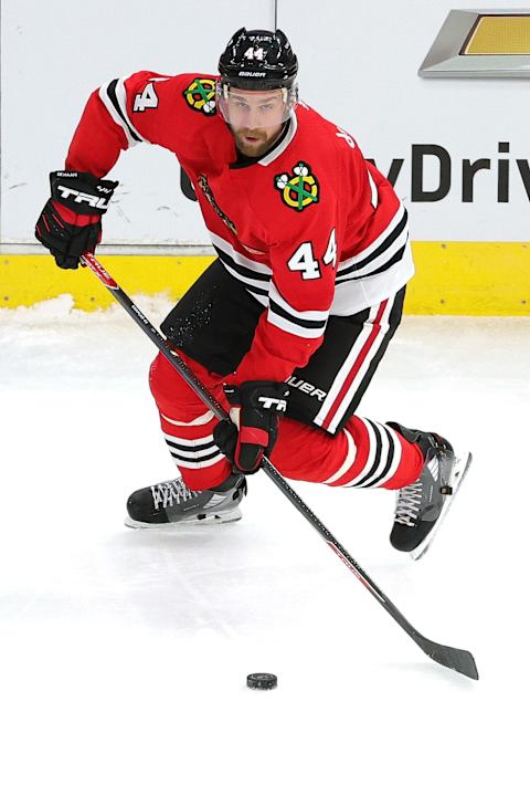 CHICAGO, ILLINOIS – FEBRUARY 13: Calvin de Haan #44 of the Chicago Blackhawks  . (Photo by Stacy Revere/Getty Images)