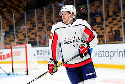 BOSTON, MA – SEPTEMBER 16: Washington Capitals forward Garrett Pilon (40) before a preseason game on September 16, 2018, between the Boston Bruins and the Washington Capitals at TD Garden in Boston, Massachusetts. The Bruins defeated the Capitals 2-1 (SO). (Photo by Fred Kfoury III/Icon Sportswire via Getty Images)