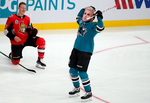 ST LOUIS, MISSOURI – JANUARY 24: Tomas Hertl #48 of the San Jose Sharks skates with a Justin Bieber mask in the Bud Light NHL Save Streak during the 2020 NHL All-Star Skills Competition at Enterprise Center on January 24, 2020 in St Louis, Missouri. (Photo by Dilip Vishwanat/Getty Images)