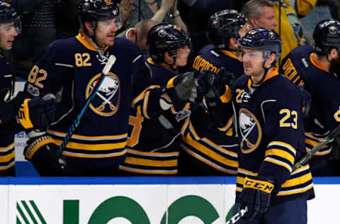 Vegas Golden Knights: Buffalo Sabres center Sam Reinhart (23) celebrates after scoring a goal during the third period against the Ottawa Senators at KeyBank Center. Sabres beat the Senators 4-0. Mandatory Credit: Kevin Hoffman-USA TODAY Sports