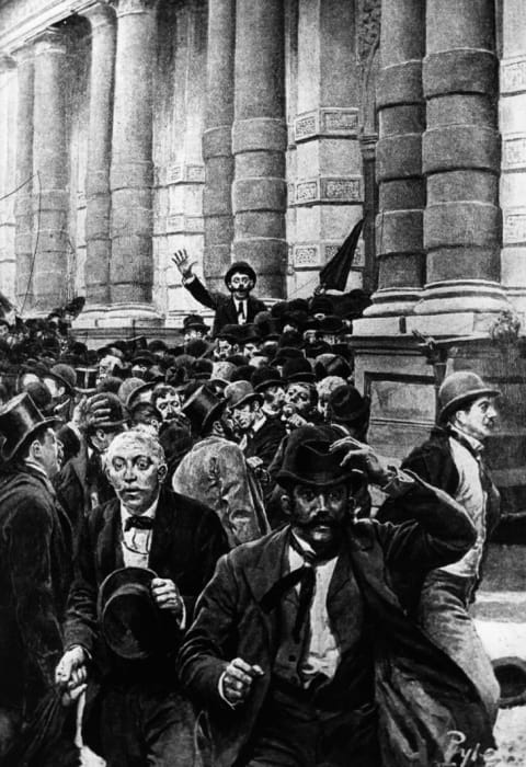 The 1873 rush from the New York Stock Exchange as banks began to fail and close, leading to a 10-day closure of the Stock Exchange.