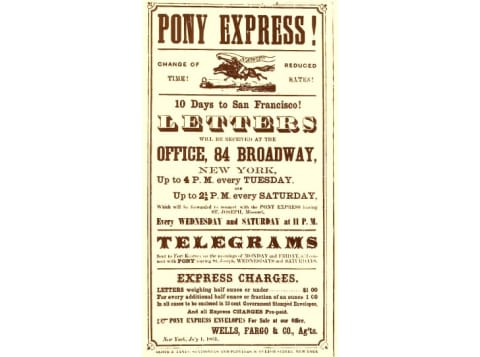 An ad placed in San Francisco on  behalf of Wells, Fargo & Company in 1861, after the company took control of the Pony Express and lowered rates.