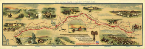 A map of the Pony Express route by artist William Henry Jackson.