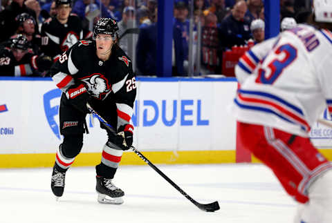 Mar 11, 2023; Buffalo, New York, USA; Buffalo Sabres defenseman Owen Power (25) looks to make a pass during the second period against the New York Rangers at KeyBank Center. Mandatory Credit: Timothy T. Ludwig-USA TODAY Sports