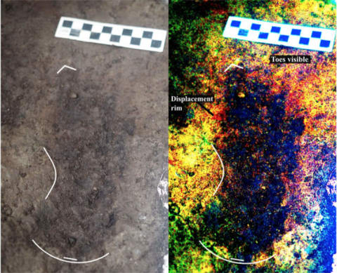 A photo of Track #17 beside a digitally enhanced image of the same feature. Note the toe impressions and arch, which indicate that this is a right footprint.