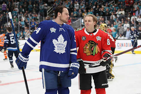 Auston Matthews #34 of the Toronto Maple Leafs and Patrick Kane #88 of the Chicago Blackhawks. (Photo by Bruce Bennett/Getty Images)