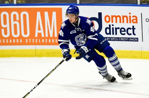 MISSISSAUGA, ON – JANUARY 18: Thomas Harley #48 of the Mississauga Steelheads turns up ice against the Flint Firebirds during OHL game action on January 18, 2019 at Paramount Fine Foods Centre in Mississauga, Ontario, Canada. (Photo by Graig Abel/Getty Images)