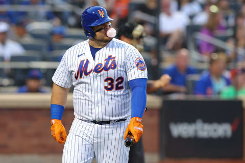 Jul 24, 2022; New York City, New York, USA; New York Mets designated hitter Daniel Vogelbach (32) reacts after striking out during the third inning against the San Diego Padres at Citi Field. Mandatory Credit: Vincent Carchietta-USA TODAY Sports